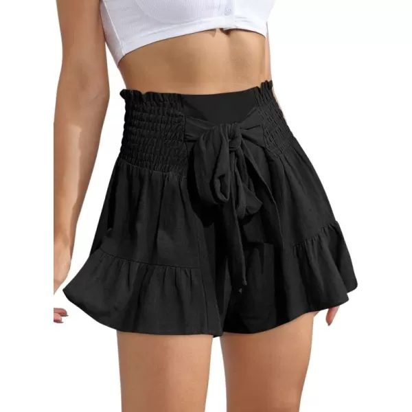 chouyatou Womens Cute Flowy Bowknot Summer Shorts Casual Smoked Ruffle High Waisted Wide Leg ShortsBlack