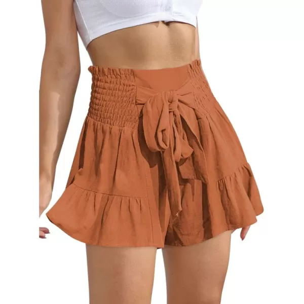 chouyatou Womens Cute Flowy Bowknot Summer Shorts Casual Smoked Ruffle High Waisted Wide Leg ShortsBrick Red