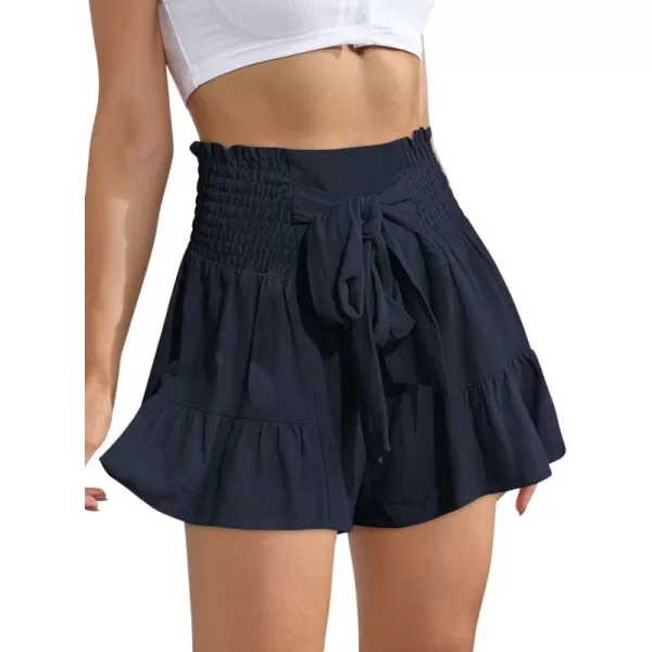 chouyatou Womens Cute Flowy Bowknot Summer Shorts Casual Smoked Ruffle High Waisted Wide Leg ShortsDark Blue