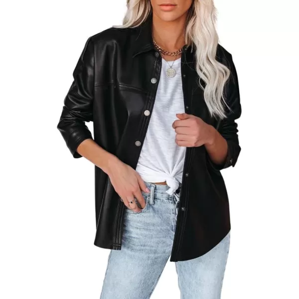 chouyatou Womens Fashion Long Sleeve Button Down Faux Leather Jacket ShacketsBlack