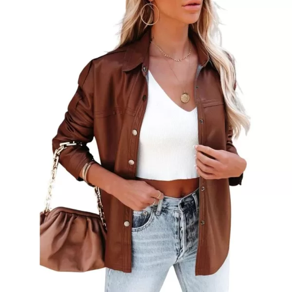 chouyatou Womens Fashion Long Sleeve Button Down Faux Leather Jacket ShacketsBrown