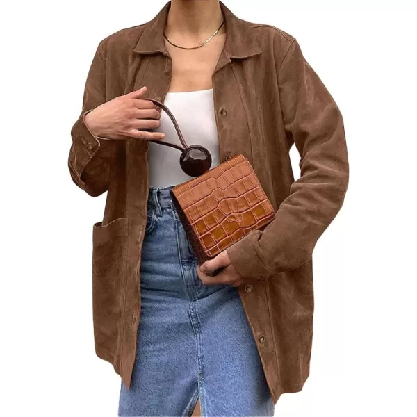 chouyatou Womens Faux Suede Leather Jacket Lapel Collar Button Down Faux Suede Leather Shacket JacketBrown