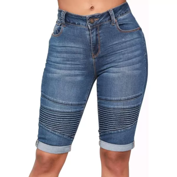 chouyatou Womens Moto Stretchy High Waist ButtLifting Wrinkle Cuffed Denim Bermuda ShortsBlue
