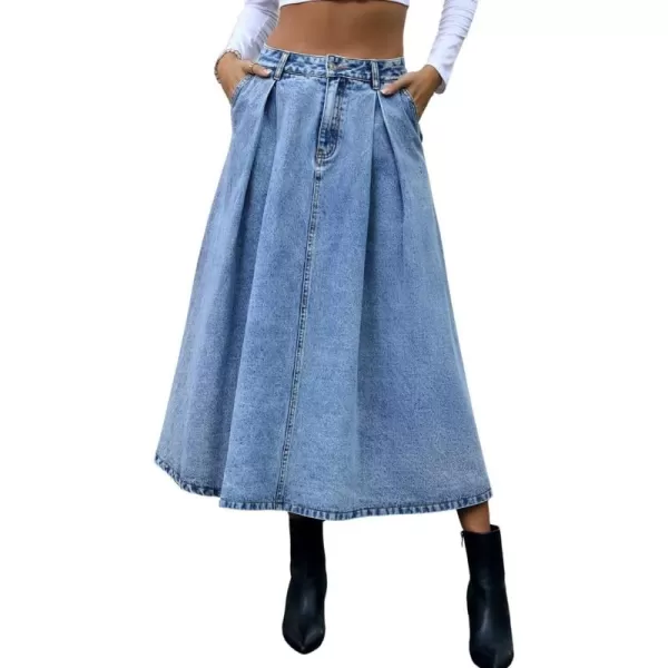 chouyatou Womens Summer Boho Elastic High Waisted A Line Flared Midi Long Denim Jean Dress with PocketsBlue