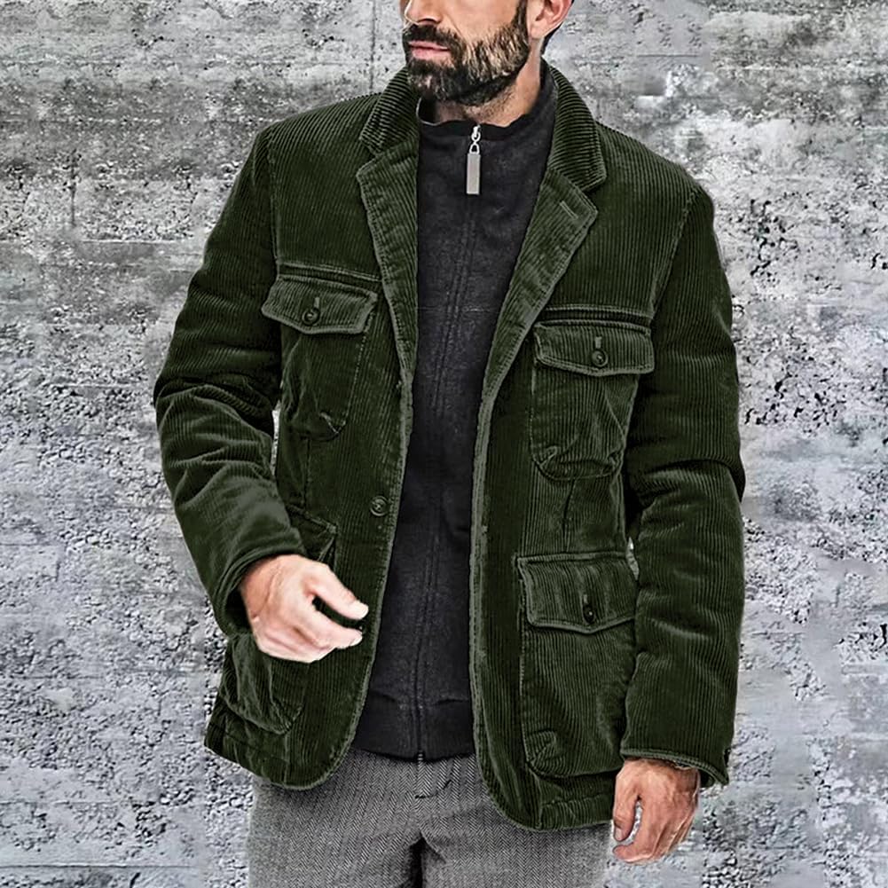 chouyatou Mens Vintage Corduroy Notched Lapel Button Down Business Blazer Jacket Sport CoatArmy Green