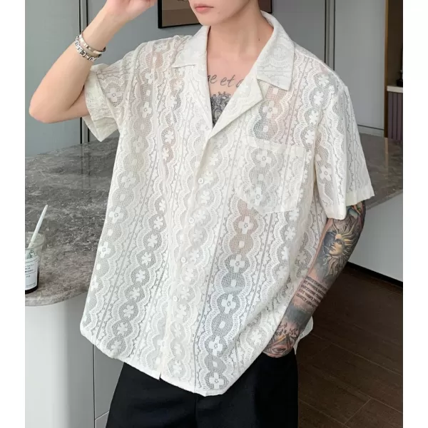 chouyatou Mens Casual Button Down Cuban Collar Crochet Shirt Blouses Short Sleeve Beach Vacation Top ShirtsWhite