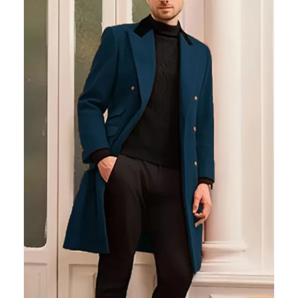 chouyatou Mens Winter Contrast Lapel Collar Wool Coat Double Breasted Wool Blend Trench Pea Coat OvercoatDark Blue