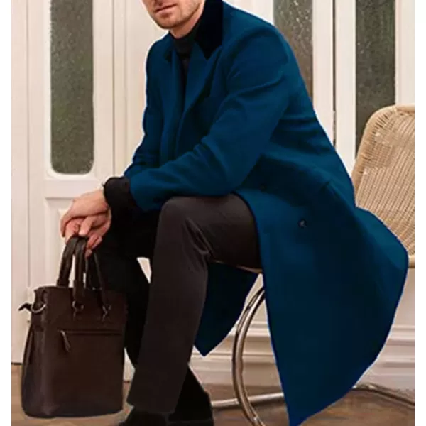 chouyatou Mens Winter Contrast Lapel Collar Wool Coat Double Breasted Wool Blend Trench Pea Coat OvercoatDark Blue