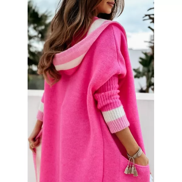 chouyatou Womens Color Block Vertical Striped Open Front Oversized Hooded Long Cardigan Sweaters with PocketsRose Red