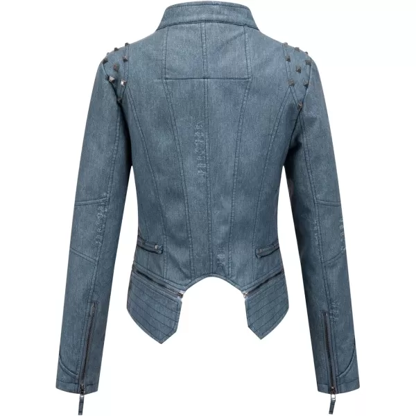 chouyatou Womens Fashion Snake Pattern Print Studded Moto Pu Leather Biker JacketDenim Blue