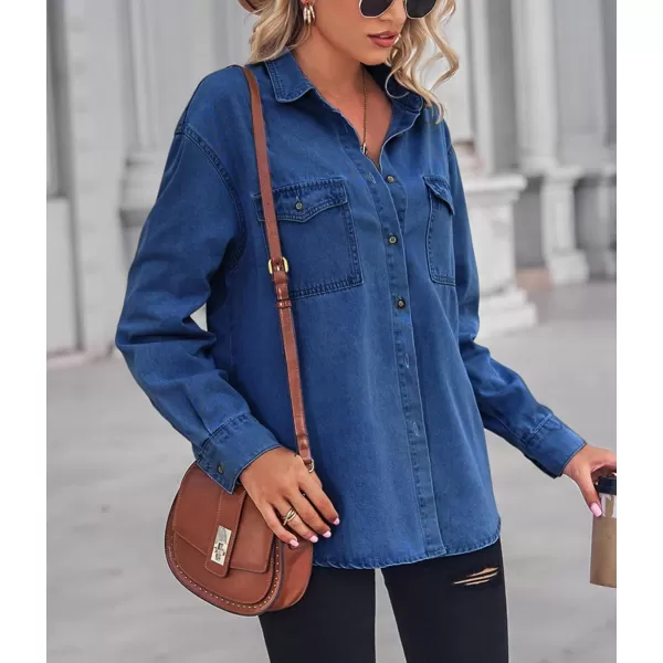 chouyatou Womens Spring Long Sleeve Denim Jean Shirts Button Down Shirt Business Casual TopsDark Blue