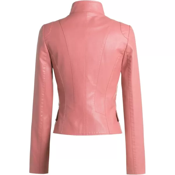 chouyatou Womens Stylish Oblique Zip Slim Faux Leather Biker Outerwear JacketPink