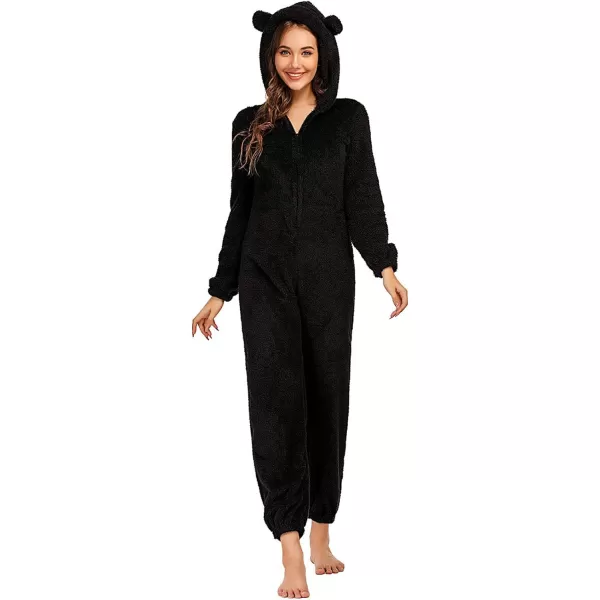 chouyatou Womens Ultra Comfy Lounge Furry Sherpa Romper Onesie Pajamas Cute Ear HoodBlack