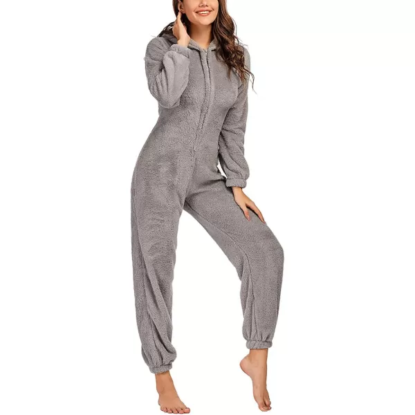 chouyatou Womens Ultra Comfy Lounge Furry Sherpa Romper Onesie Pajamas Cute Ear HoodGrey
