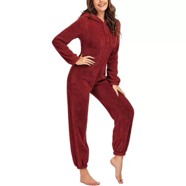 chouyatou Womens Ultra Comfy Lounge Furry Sherpa Romper Onesie Pajamas Cute Ear HoodRed