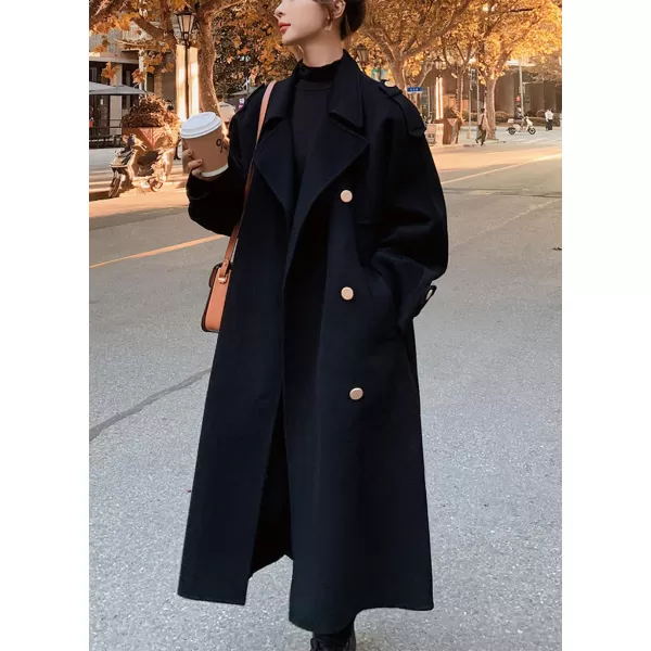 chouyatou Womens Winter Double Breasted Midi Long Wool Pea Coat Notch Lapel Winter Trench CoatBlack