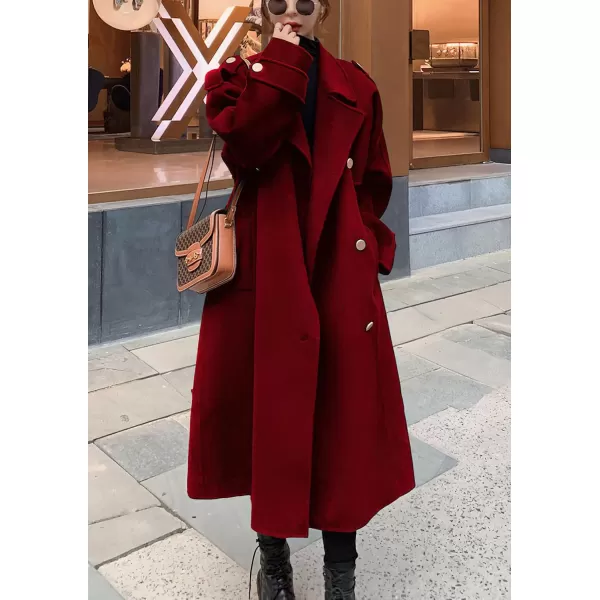 chouyatou Womens Winter Double Breasted Midi Long Wool Pea Coat Notch Lapel Winter Trench CoatRed