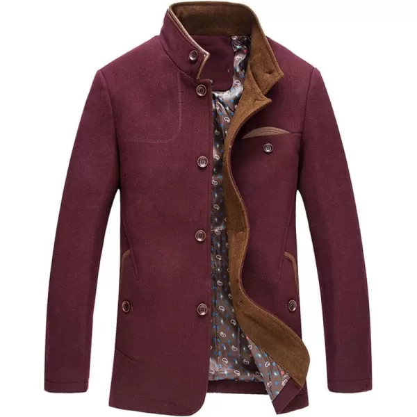 chouyatou Mens Gentle Band Collar Single Breasted Wool Blend Pea CoatWinered