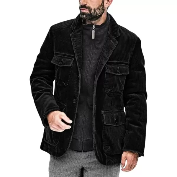 chouyatou Mens Vintage Corduroy Notched Lapel Button Down Business Blazer Jacket Sport CoatBlack
