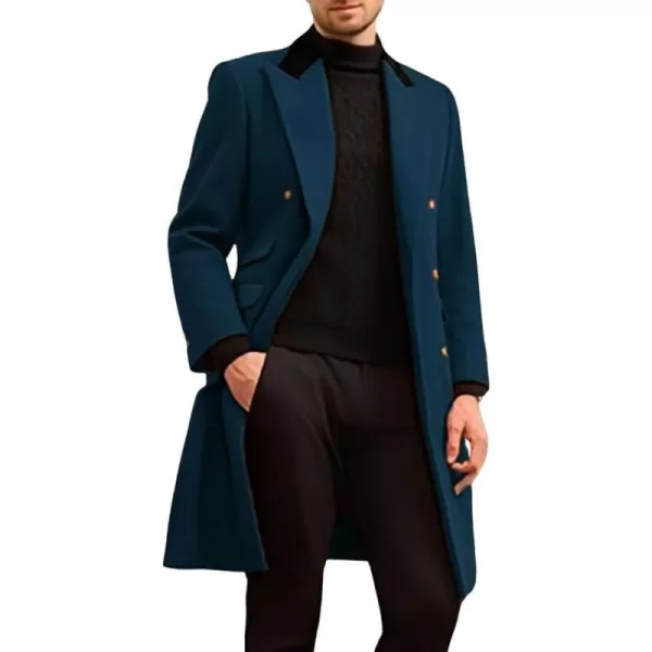 chouyatou Mens Winter Contrast Lapel Collar Wool Coat Double Breasted Wool Blend Trench Pea Coat OvercoatDark Blue