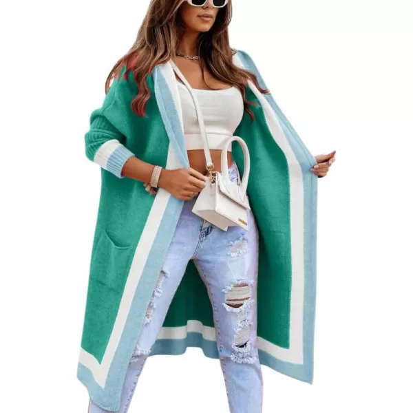 chouyatou Womens Color Block Vertical Striped Open Front Oversized Hooded Long Cardigan Sweaters with PocketsMint Green