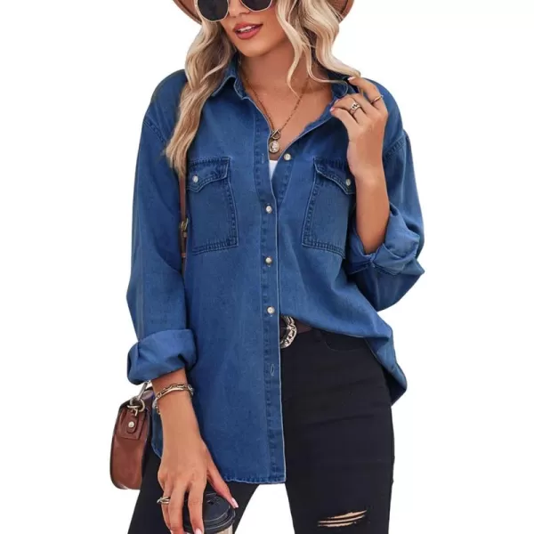 chouyatou Womens Spring Long Sleeve Denim Jean Shirts Button Down Shirt Business Casual TopsDark Blue