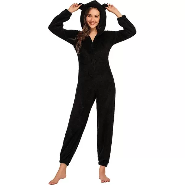 chouyatou Womens Ultra Comfy Lounge Furry Sherpa Romper Onesie Pajamas Cute Ear HoodBlack