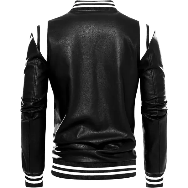 chouyatou Mens Casual ColorBlock Patches Full Zip Fleece Lined Pu Leather Varsity Bomber JacketBlack