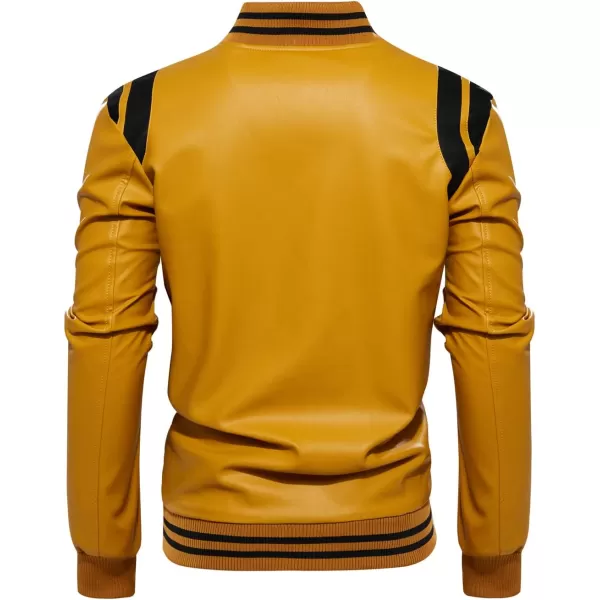 chouyatou Mens Casual ColorBlock Patches Full Zip Fleece Lined Pu Leather Varsity Bomber JacketYellow