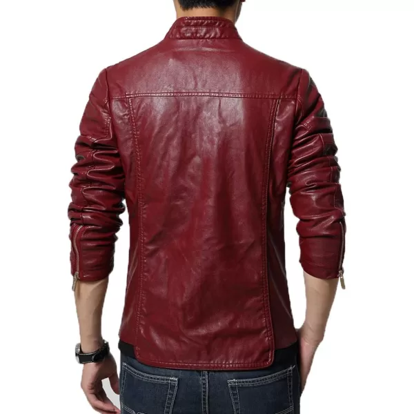 chouyatou Mens Cool Stylish Slim Fit Stand Collar Lightweight Bomber Faux Leather Jacket CoatWine Red