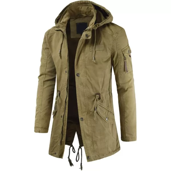 chouyatou Mens Spring Military FullZip Removable Hooded Cotton MidLong Parka Jacket CoatKhaki