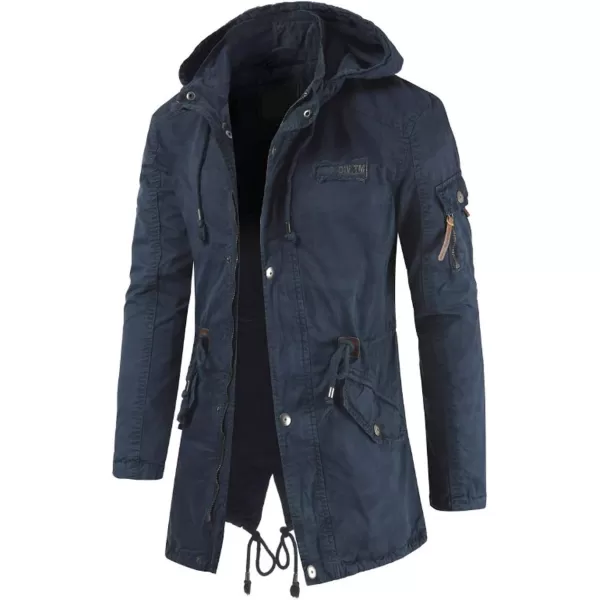 chouyatou Mens Spring Military FullZip Removable Hooded Cotton MidLong Parka Jacket CoatNavy Blue