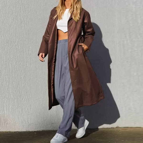 chouyatou Womens Casual Lapel Open Front Pu Faux Leather Long Trench Coat with BeltBrown