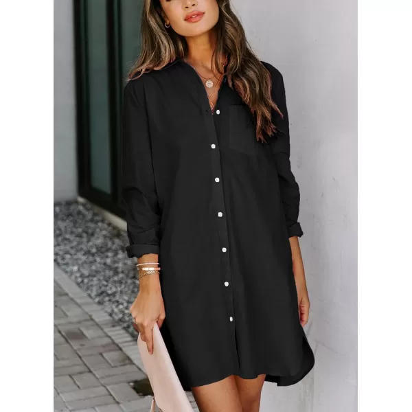 chouyatou Womens Casual Loose Fit Long Sleeve Solid Striped Button Down Shirts DressesBlack