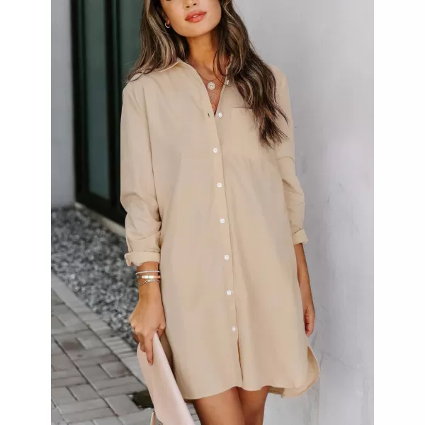 chouyatou Womens Casual Loose Fit Long Sleeve Solid Striped Button Down Shirts DressesKhaki