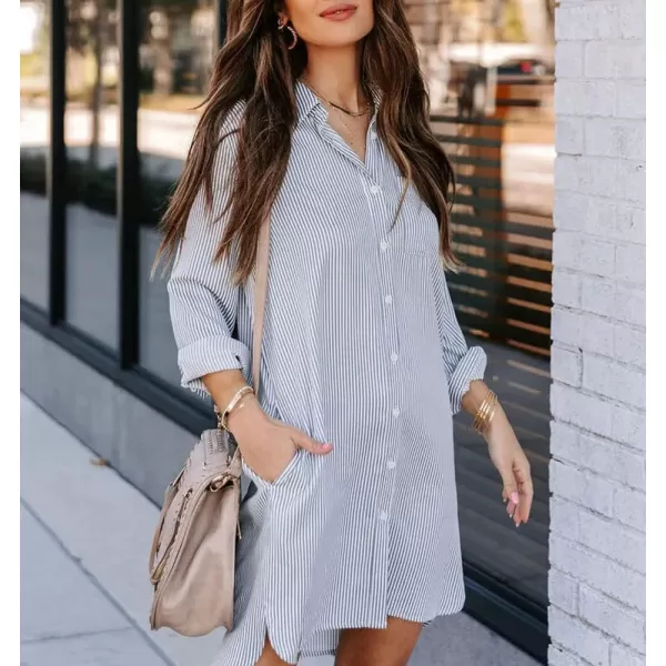 chouyatou Womens Casual Loose Fit Long Sleeve Solid Striped Button Down Shirts DressesNavy Stripe