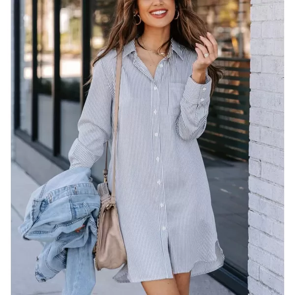 chouyatou Womens Casual Loose Fit Long Sleeve Solid Striped Button Down Shirts DressesNavy Stripe