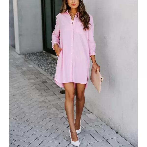 chouyatou Womens Casual Loose Fit Long Sleeve Solid Striped Button Down Shirts DressesPink