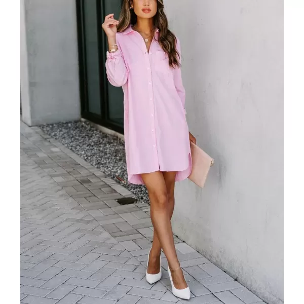 chouyatou Womens Casual Loose Fit Long Sleeve Solid Striped Button Down Shirts DressesPink