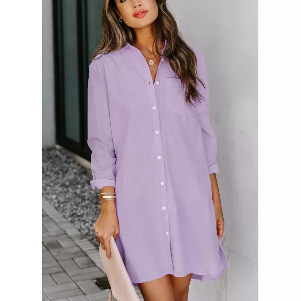 chouyatou Womens Casual Loose Fit Long Sleeve Solid Striped Button Down Shirts DressesPurple