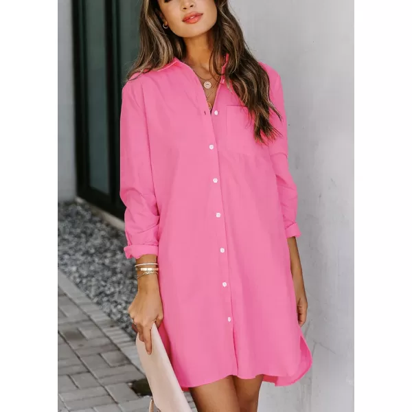 chouyatou Womens Casual Loose Fit Long Sleeve Solid Striped Button Down Shirts DressesRose