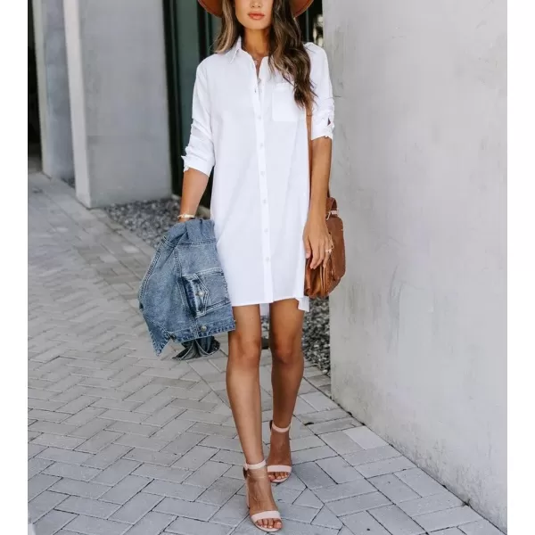 chouyatou Womens Casual Loose Fit Long Sleeve Solid Striped Button Down Shirts DressesWhite