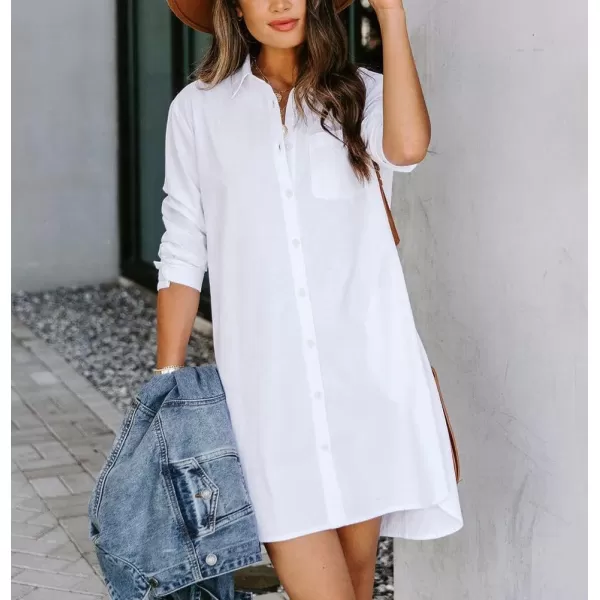 chouyatou Womens Casual Loose Fit Long Sleeve Solid Striped Button Down Shirts DressesWhite