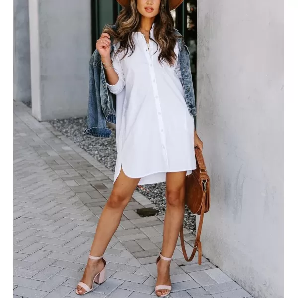 chouyatou Womens Casual Loose Fit Long Sleeve Solid Striped Button Down Shirts DressesWhite