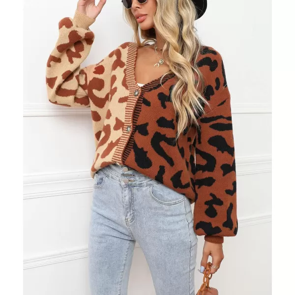 chouyatou Womens Color Block Leopard Print Button Down Long Sleeve Cardigan SweatersBrown