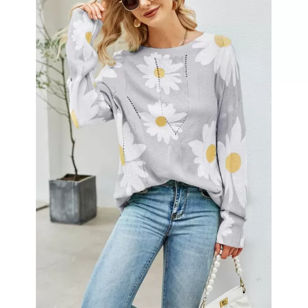 chouyatou Womens Crewneck Long Sleeve Floral Printed Knitted Sweater Pullover TopsLight Grey