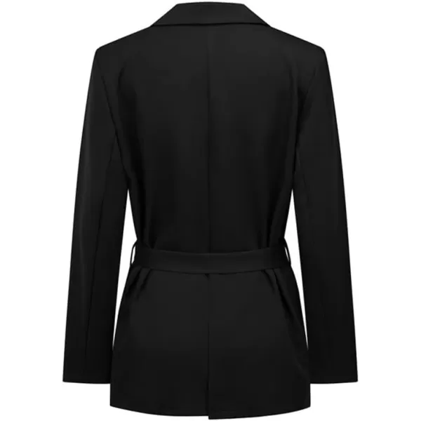 chouyatou Womens Elegant Belted Notched Lapel Open Front Office Work Blazer JacketBlack