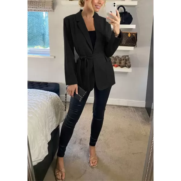 chouyatou Womens Elegant Belted Notched Lapel Open Front Office Work Blazer JacketBlack