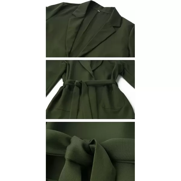 chouyatou Womens Elegant Belted Notched Lapel Open Front Office Work Blazer JacketGreen