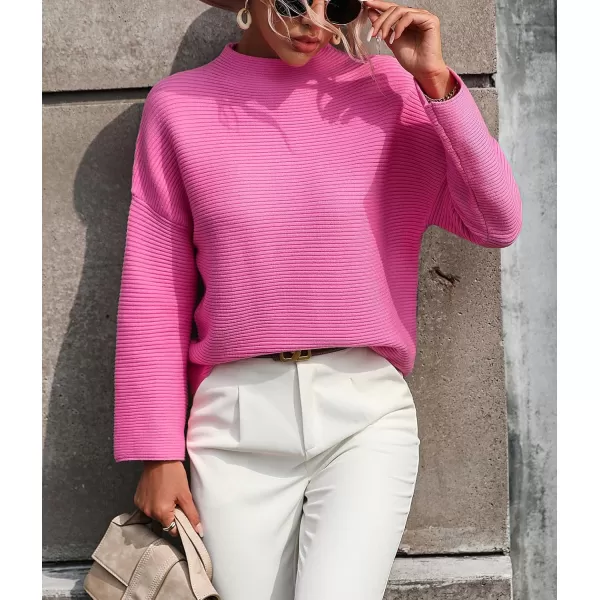chouyatou Womens Fall Mock Neck Pullover Sweater Elegant Ribbed Knit Dressy Casual Sweater TopHot Pink